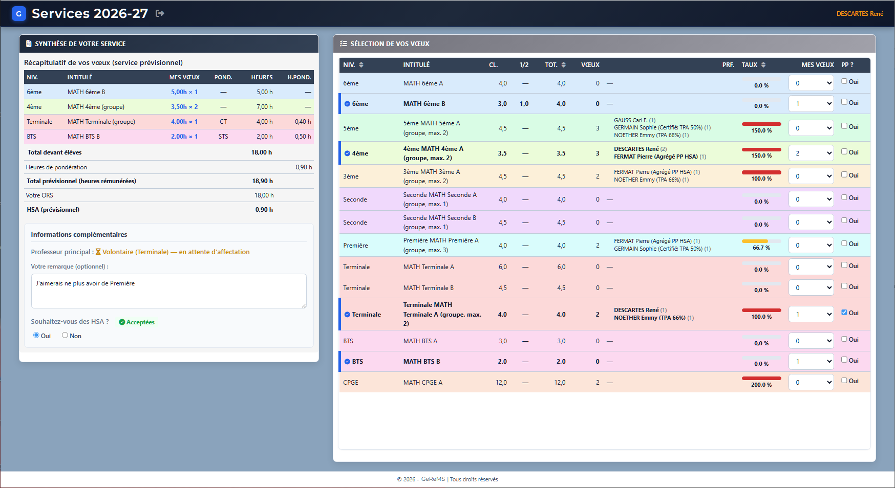 Interface de saisie des vœux enseignants